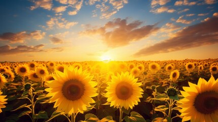 
An image featuring a sunflower field bathed in sunlight, creating a cheerful and uplifting atmosphere.