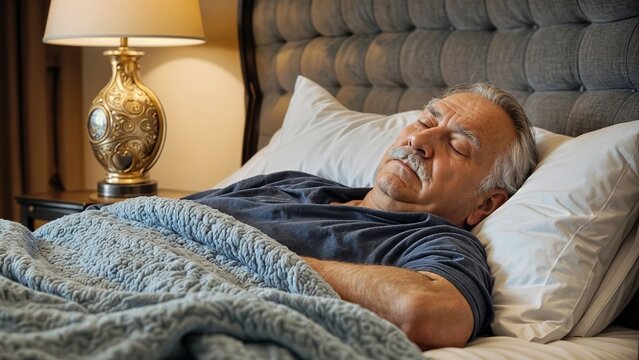 an older man with a mustache is sleeping in a bed with a white and grey headboard, white sheets, and a blue blanket. The room has a nightstand with a lamp on it.
