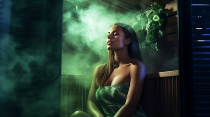 
An image highlighting a woman in bikini, in a sauna enjoying the invigorating scent of eucalyptus, creating a refreshing sauna atmosphere