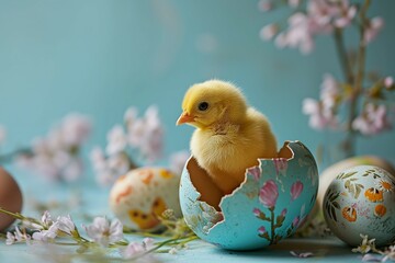 Small yellow chicken in the shell of a painted Easter egg. Easter celebration concept.