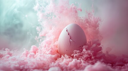 Pink Easter egg with a broken shell into pieces. Creative Easter concept.