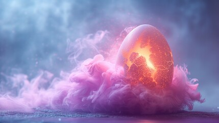 Pink Easter egg with a broken shell into pieces.  Rays of light from the crack of the egg. Creative Easter concept.