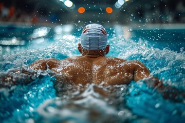 Male swimmer athlete in a swimming pool. Background with selective focus and copy space - obrazy, fototapety, plakaty