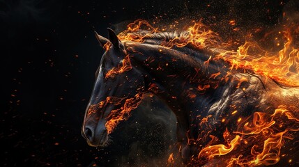 Dark horse burning on black background