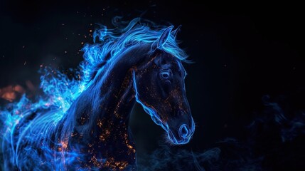 Obraz na płótnie Canvas Dark horse burning on black background