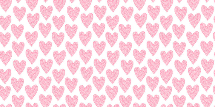 Cute seamless pattern with bright pink hand drawn textured hearts on white background. Lovely vector texture with pastel candy color doodle heart shapes for St. Valentines wrapping paper, textile
