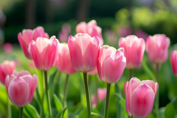 Spring tulips of the same color. Background with selective focus and copy space