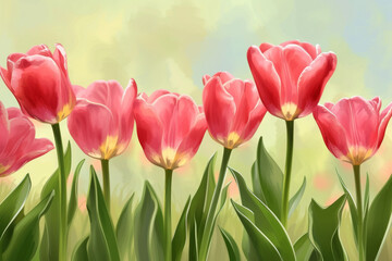 Spring tulips, drawing. Background with selective focus and copy space