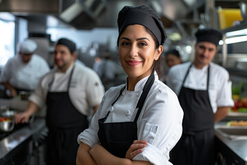 Smiling Latina Chef Radiates Confidence in Restaurant Kitchen - obrazy, fototapety, plakaty