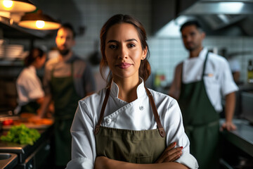 Elegant Latina Chef Poised Amidst the Hustle of a Busy Kitchen