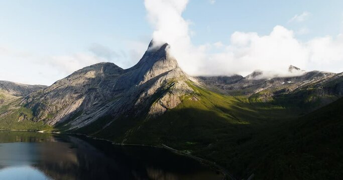 Stetind mountain and the grandeur of the Norwegian wilderness. Aerial