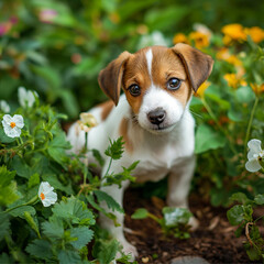 jack russell terrier sitting on the grass, Puppy sitting in grass, Puppy exploring the outdoors, Pet, Dog, Cute Puppy Playing