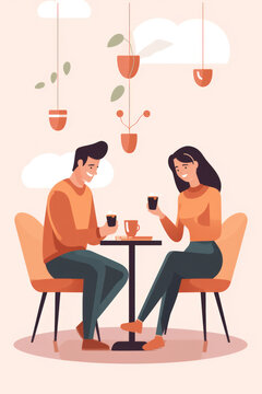 Romantic Date at a Cosy Café: A Joyful Conversation over Coffee, with a young Couple Sitting at a Table outdoors, enjoying a Beautiful Evening in the City