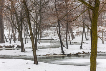 A stream curving between trees in a park on a snowy day.