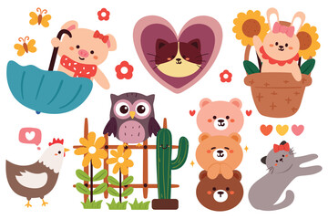 hand drawing cartoon animals. cute animal doodle for sticker, icon. cute animal sticker set