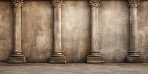 Weathered stone wall adorned with columns. - obrazy, fototapety, plakaty