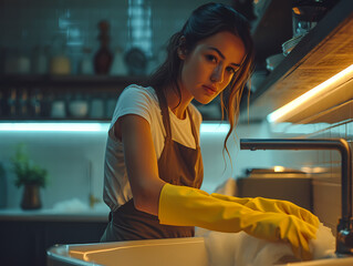 Close-up of cleaning staff at work. Young girl wearing uniform and yellow gloves cleaning in the kitchen area. Cinematic colors. Domestic staff - obrazy, fototapety, plakaty