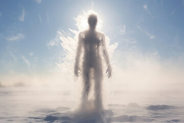 Fototapeta premium Mystical Silhouette: A Dreaming Man Standing in the Dark, Looking at the Sunset, with a Hint of Abstract Imagination and Spiritual Essence