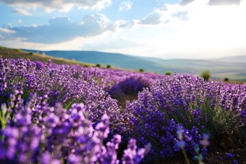 Fototapeta premium Lavender field during the day with clouds
