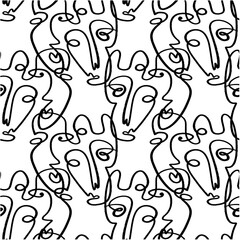 One line minimalistic brush grunge abstract face fashion seamless pattern. Vector illustration. Modern contemporary art, trendy continuous drawing. Cubism artistic linear portrait.