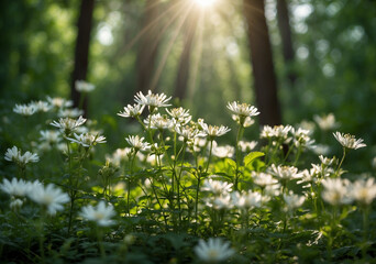 Closeup view of white wildflowers with a blurred forest background and sunbeams