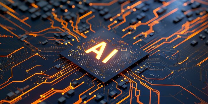 On top of a sophisticated chip, there is a hologram consisting of two letters "AI"