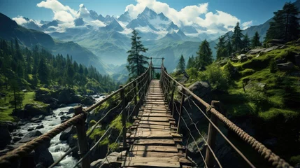 Fotobehang bridge mountains fog moody peaceful landscape freedom scene beautiful nature wallpaper photo © Wiktoria