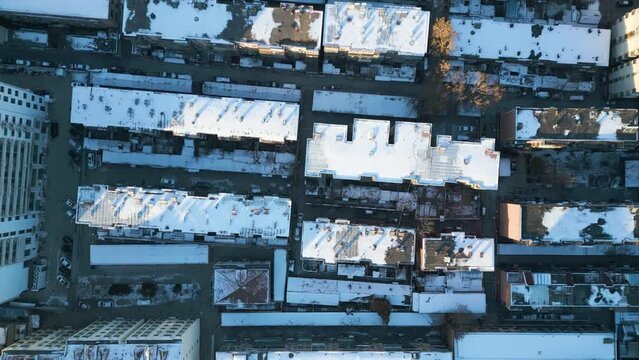 A bird's-eye view during a winter day captures the rooftops of a residential area in Zibo, Shandong Province, China.