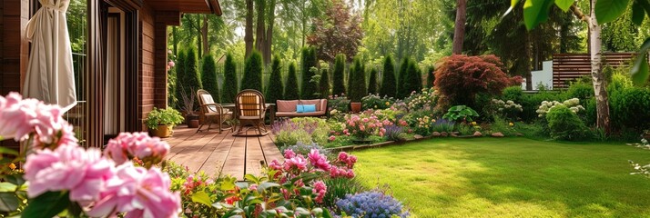 backyard garden with colorful flowers in bloom on a sunny afternoon