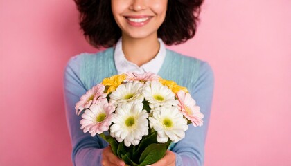 Cropped photo of charming happy young woman smile give you receive flowers isolated on pink color background