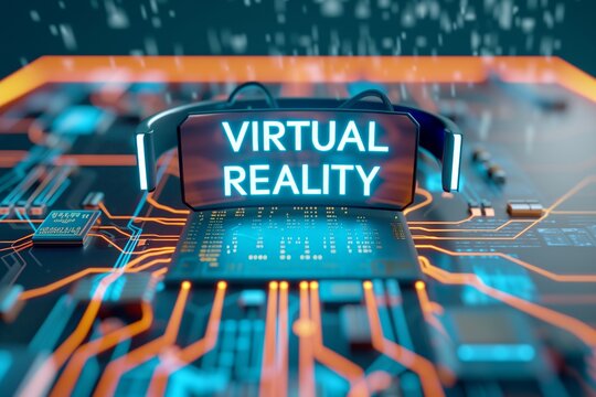 On top of a sophisticated chip, there is a hologram consisting of two words "VIRTUAL REALITY",