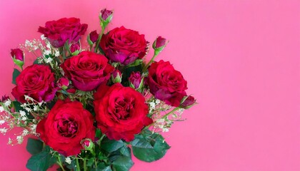 Bouquet of lush and small red roses on bright pink background with copy space and place for text . Holiday greeting card to Mother day, International Woman Day, Valentine Day. 