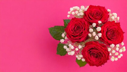Bouquet of lush and small red roses on bright pink background with copy space and place for text . Holiday greeting card to Mother day, International Woman Day, Valentine Day