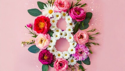 International Women's Day. Banner, flyer, beautiful postcard for March 8. Flowers in the shape of the number 8 on a pink background. 
