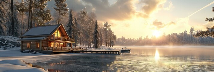 Lakeside cabin in the woods during the winter snow