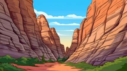 cartoon illustration Red rock canyons and towering sandstone cliffs.