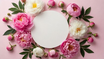 Mother's Day concept. Top view photo of white circle and natural flowers pink peony rose buds on isolated light pink background with empty space. International Woman Day, Valentine Day	 - Powered by Adobe