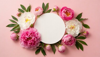 Mother's Day concept. Top view photo of white circle and natural flowers pink peony rose buds on isolated light pink background with empty space. Valentine's day concept