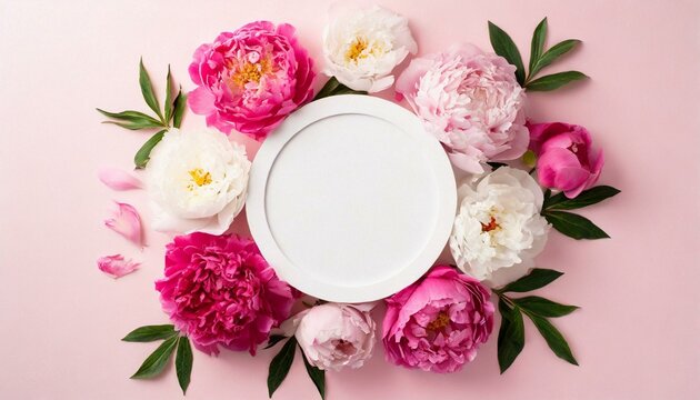 Mother's Day concept. Top view photo of white circle and natural flowers pink peony rose buds on isolated light pink background with empty space 