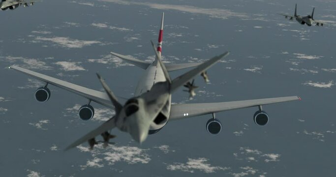 4K Aerial Boing 747 airliner surrounded by F15 jet fighters medium shot high angle