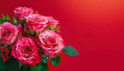 Bouquet of lush and small pink roses on bright red background with copy space and place for text . Holiday greeting card to Mother day, International Woman Day, Valentine Day.