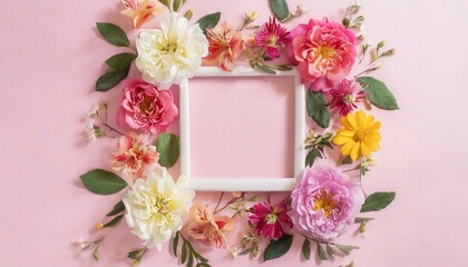 Obraz premium Square flower frame made of rose, aster and alstroemeria on a pink background. Greeting card template with copyspace. Festive concept. 