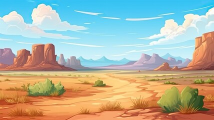 cartoon illustration Wild west Texas.  landscape, sandy terrain, iconic rock formations, and sparse vegetation under the clear blue sky.