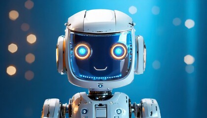 Highly detailed Portrait beautiful kids robot with artificial intelligence . blue background. (