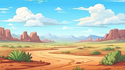 cartoon illustration Wild west Texas.  landscape, sandy terrain, iconic rock formations, and sparse vegetation under the clear blue sky.