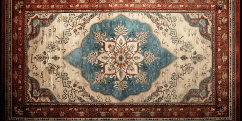 Abstract ornamental rug design with ethnic influences, aged appearance - obrazy, fototapety, plakaty