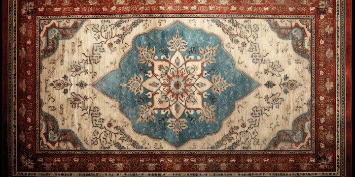 Abstract ornamental rug design with ethnic influences, aged appearance