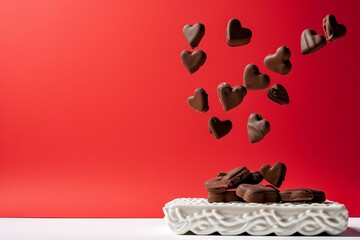 Chocolate heart cookies falling onto a plate with a red background. 