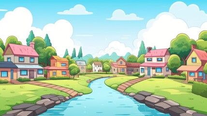 cartoon illustration Village. houses lined up on either side of a calm, winding river. The scene is bright and cheerful, evoking a sense of tranquility and community.
