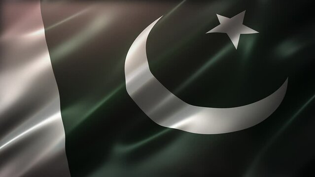 The National Flag of Pakistan, full frame, high-angle view, waving in the wind, realistic with a cinematic look and feel, and elegant silky texture, dynamic flowing, CG animation seamless loop-able.